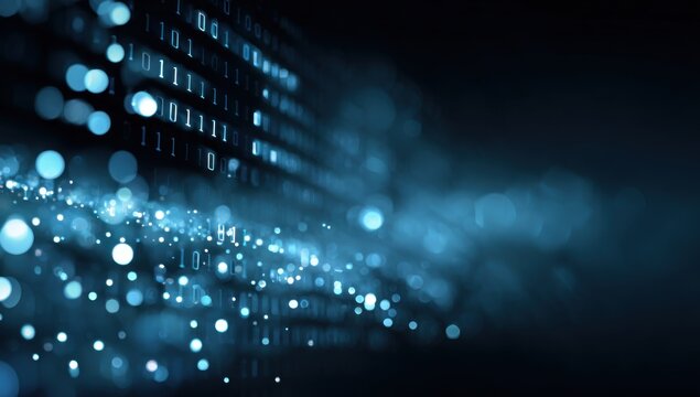 Abstract digital binary code background with glowing particles (1)