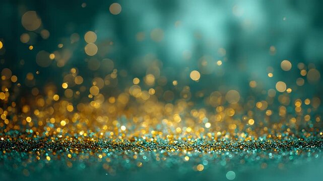 Radiant golden orbs and mint green sparkles forming dreamy celebration lightscape in soft blur focus