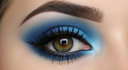 A high-detail, professional close-up photograph of a female eye with perfectly blended blue eyeshadow, showcasing professional makeup artistry