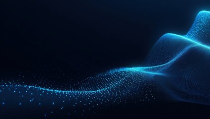 Abstract digital wave.  Light blue particles form flowing, undulating wave on dark background