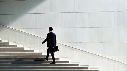Side view of a businessman ascending stairs, symbolizing progress. Captured at a low angle, perfect for a motivational video theme. Live desktop wallpaper.