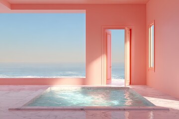 Fototapeta premium A minimalist, coral-pink room with a built-in, light-blue water feature on a marble floor, showcasing ocean views through large windows and an open doorway