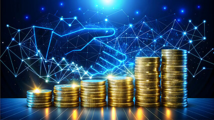 Global digital finance network connects growing stacks of golden coins and handshake white background