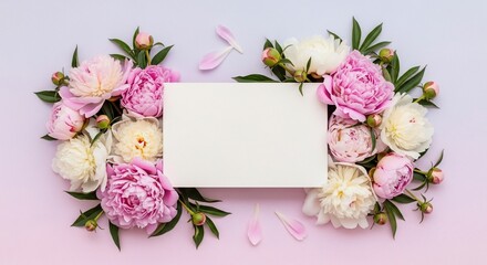 Obraz premium Blank white card surrounded by pink and white peonies, creating a floral frame.