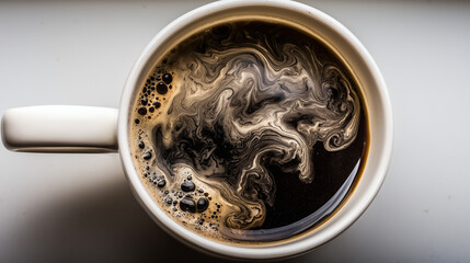 Surreal cup of coffee with swirling cosmic patterns inside, representing the hidden effects of daily ritual.