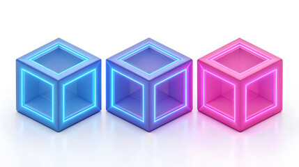 Three glowing neon cubes blue and pink geometric shape