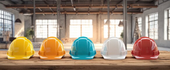 The colorful collection of hardhats displayed in a modern workspace setting.