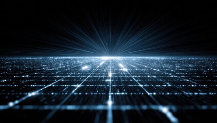 Futuristic city grid with a light source.  Abstract digital cityscape, radiating light