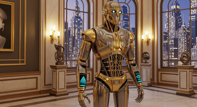 Sophisticated golden android standing in a luxurious art deco interior overlooking a sprawling futuristic city skyline at dusk