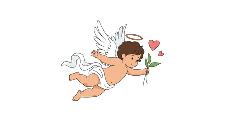 A delightful cherub with wings holds a green leaf and a halo above its head hearts float