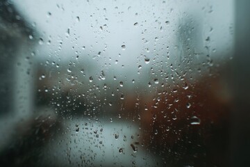 Obraz premium Raindrops on a window, blurring the view of a rainy day scene
