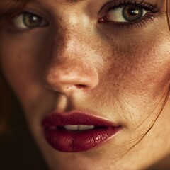 Naklejka premium Close up shot of a woman's face with freckles and dark red lipstick looking at the camera intensely