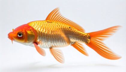 A colorful koi fish, side view, against a plain white background