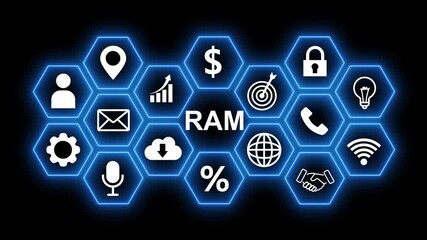Random Access Memory RAM technology icons arranged in a hexagonal grid with blue neon glow on black background - Powered by Adobe