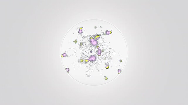 Pastel yellow-violet bacterial colonies spread across a sterile petri dish, illustrating microbial growth and cellular division for modern microbiology research.