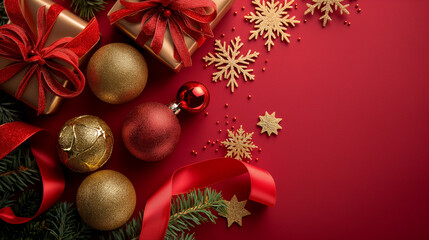 Flat lay Christmas background with golden baubles, snowflakes, red ribbon, festive composition.
