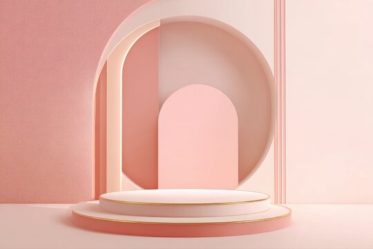 A minimalist pastel pink and beige display featuring layered circular and rectangular cutouts forming an arched backdrop for a two-tiered cylindrical platform