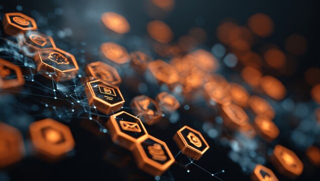 Abstract digital network with orange/gold icons