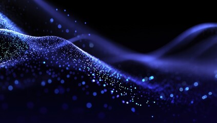 Abstract digital landscape of swirling, shimmering particles. A dark backdrop is filled with a wave-like pattern of glowing, blue-toned particles