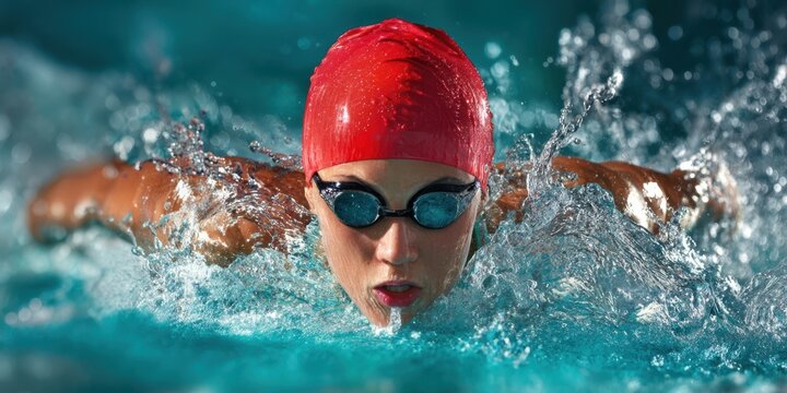 The swimmer powerfully gliding through water during an intense race.