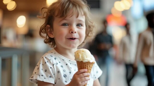 Kid eating ice cream in food court of shopping centre