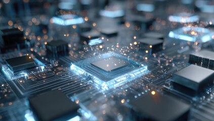 Close-up of a circuit board with central processor.  Intricate pathways and components highlighted with glowing light.  Abstract representation of modern technology