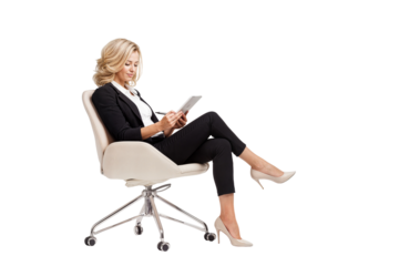 Businesswoman sitting in chair using tablet for work office professional on transparent background