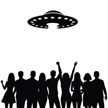 Black silhouette of a crowd of people looking up at a flying saucer