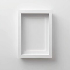 A minimalist, rectangular white picture frame with a double border, mounted on a plain white wall