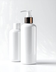 Two elegant white bottles on a soft background