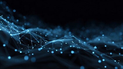 Abstract digital network.  A complex network of interconnected points and lines, forming undulating shapes against a dark background.  Soft, glowing blue highlights emphasize the structures