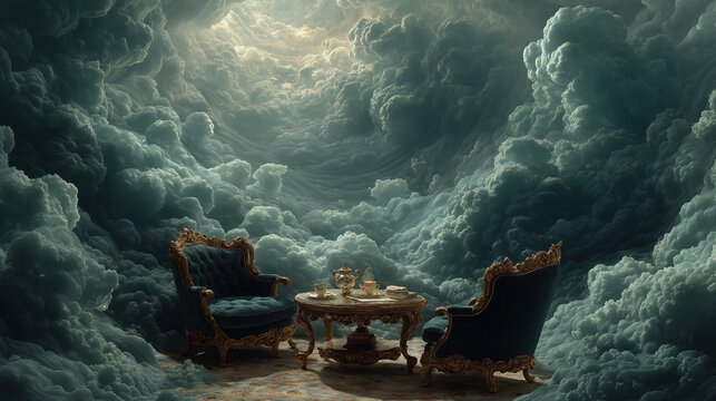 "Enlightenment・Rococo Tea Table Debate" | Rococo Tea Table in Debate Vortex, Teacup Steam as Idea Clouds, Spoon Stirring Diderot Currents