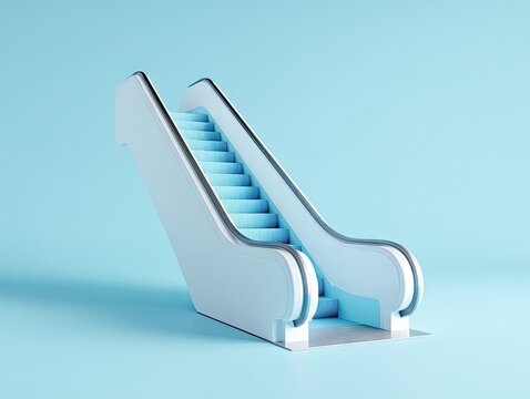 A minimalist rendering of a white escalator with light-blue steps against a pale-blue backdrop.  The escalator is positioned slightly angled, showcasing its smooth, curved design