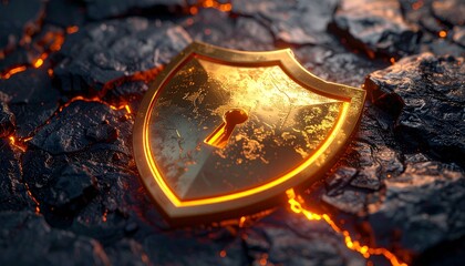Glowing shield with keyhole on cracked lava surface, symbolizing cybersecurity and protection.