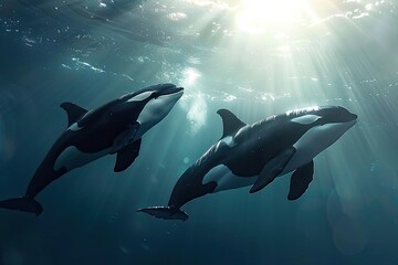 Fototapeta premium High Definition Visual of Killer Whales Diving Near Ocean Surface Under Sunbeams
