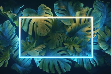 Vibrant photo of 3d render of a glowing neon rectangle frame with tropical leaves on a black background.