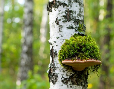 Birch tree with a bracket fungus and moss