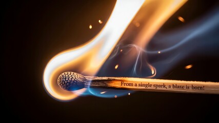 Burning match with inspiring quote "From a single spark, a blaze is born"
