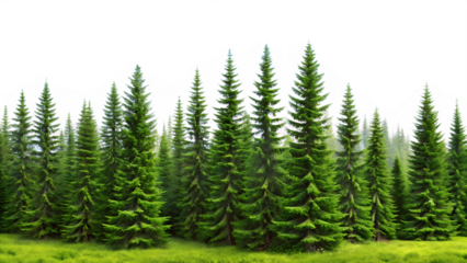 spruce tree forest landscape with sky isolated on white background ,PNG. AI Generated.