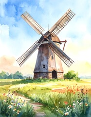 Watercolor windmill landscape