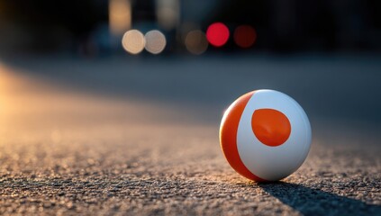 Orange and white ball on asphalt road at dawn