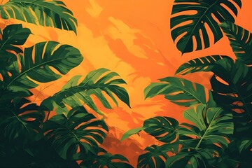 Vibrant tropical monstera leaves against a warm orange backdrop evoke summer vibes and natural beauty for design projects