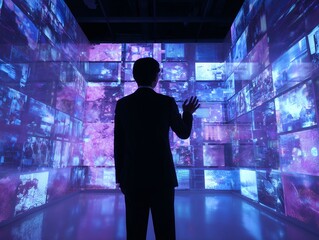 デジタル情報に囲まれて未来技術を操作するビジネスマン