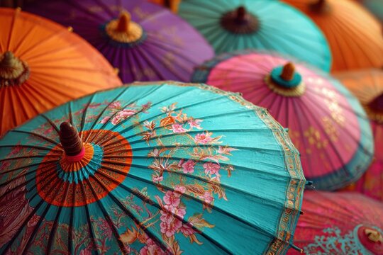 Colorful patterned umbrellas, close-up view
