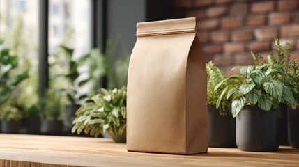 Blank kraft paper bag on a wooden countertop, plants in pots surrounding, brick wall backdrop, natural light. Mockup for branding or packaging