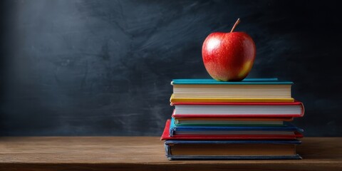 The apple resting on a stack of colorful books in a learning environment.