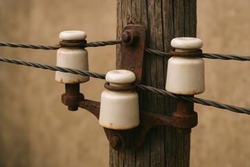 Obraz premium detail of ceramic insulators on a wooden telephone pole