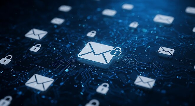 Encrypted email concept showing digital mail icons and padlock symbols on a dark blue background