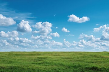 Obraz premium Wide shot of a vast, grassy plain under a vibrant blue sky dotted with fluffy white clouds. A flat landscape stretches out to the horizon