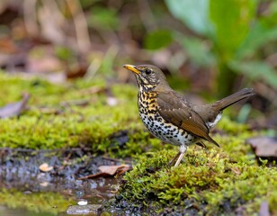 Bird perched on mossy ground near water